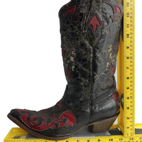 Corral Lizard Leather Western Cowgirl Black Red Boots Women's 9 - Picture 13 of 14